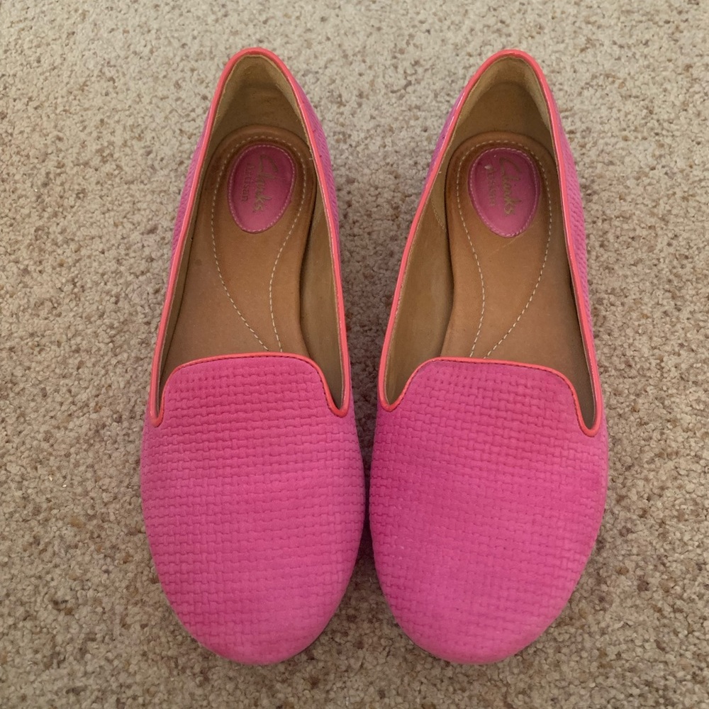 Pink suede Clarks loafers